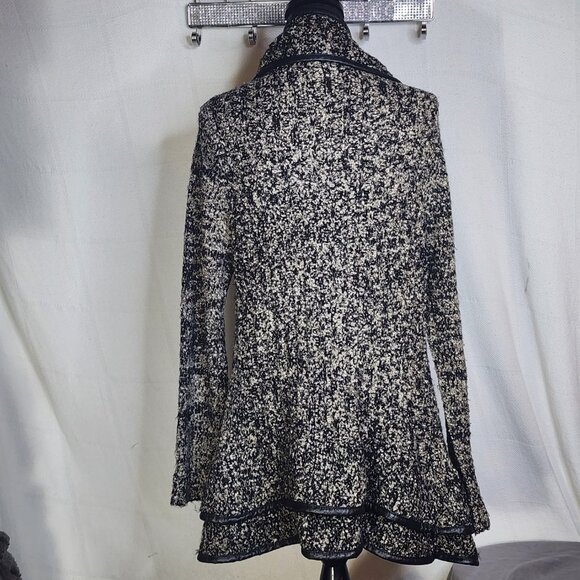 Sioni Black and Gray Boucle Trimmed in Faux Leather Chunky Sweater Cardigan Sz L - Picture 11 of 16